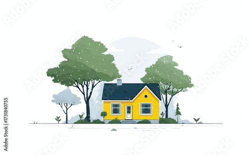 Cozy yellow house illustration surrounded by trees and a light snowfall for a peaceful winter scene backdrop