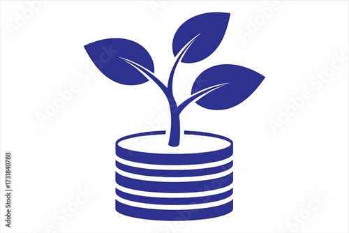 Vector art of blue plant growing from a stack of coins, symbolizing investment, growth, and financial success in a simple and clean vector illustration