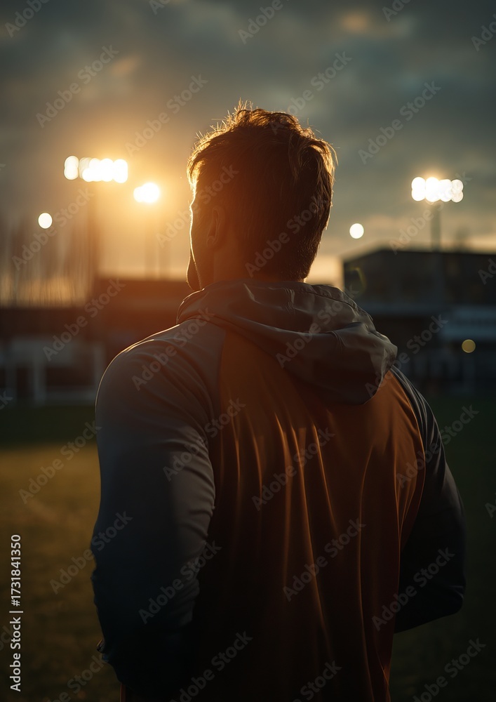 Fototapeta premium Man at stadium at sunset, looking away
