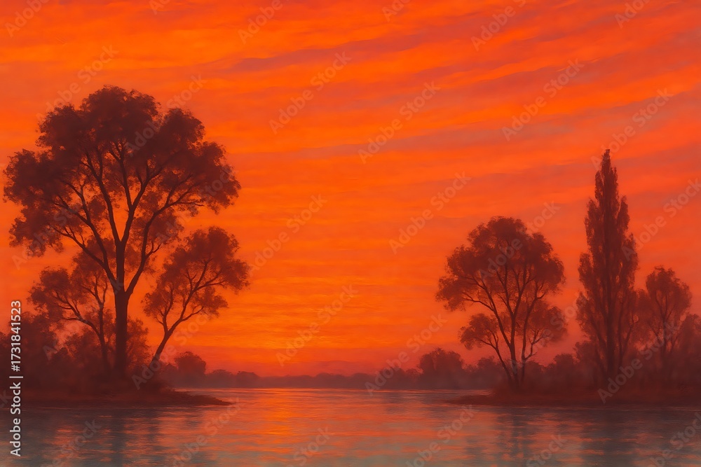 Fototapeta premium Sunset river landscape painting with silhouetted trees and glowing orange sky, serene nature art