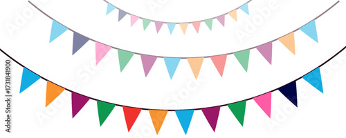 Festive flag garland vector illustration. bunting in simple flat style, isolated on transparent background. Carnival, birthday border decoration element.