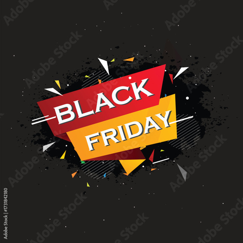 Modern Black Friday sale banner with bold typography in red and yellow geometric shapes on a dark textured background. Ideal for online shopping discounts, holiday promotions, retail offers, and e-com