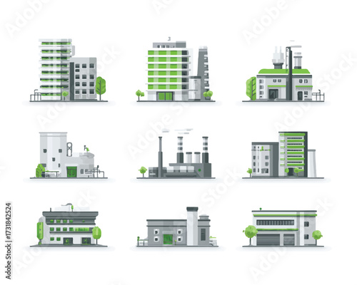 Diverse collection of modern industrial buildings and facilities showcasing innovative architecture and sustainable design practices for urban environments
