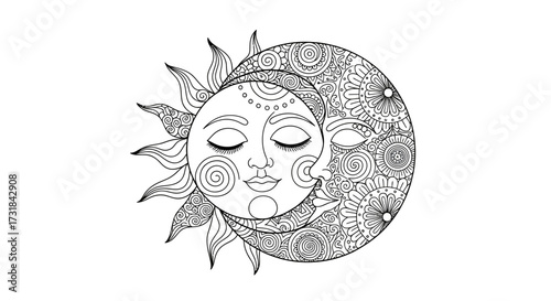 Sun and Moon Unite with Celestial Zen Doodle Patterns Adult Coloring Art