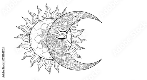 Celestial Zen Doodle Patterns Sun and Moon Unite Meditative Adult Coloring Page