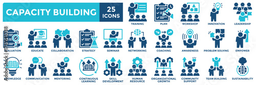 Capacity building icon collection set. Containing educate, seminar, networking, leadership, knowledge, strategy, plan icon. Simple flat vector illustration.