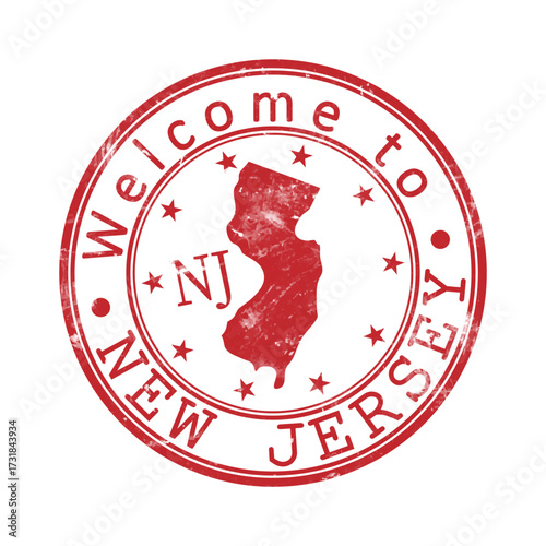 Welcome to New Jersey. A worn stamp with a silhouette of the state and an abbreviated designation. Print impression, a template for creative design