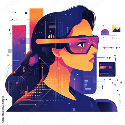 Modern vector illustration of a woman with augmented reality glasses, surrounded by abstract digital charts and data graphics. Perfect for tech, innovation, and business themes