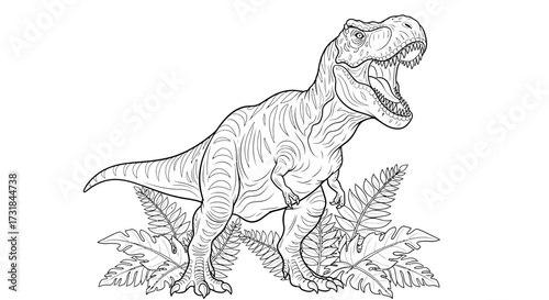 Tyrannosaurus Rex Roaring amidst Primal Ferns Bold Clean Line Art Coloring Page
