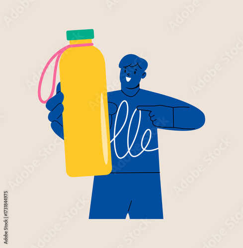 Man holding a reusable water bottle. Earth day concept. Colorful vector illustration