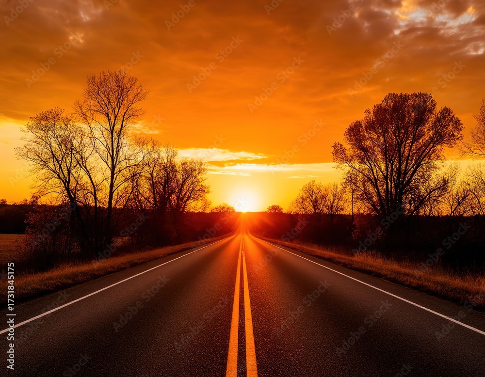 Fototapeta premium A road to the horizon. Sunset sky and sun, warm colors. Car travel