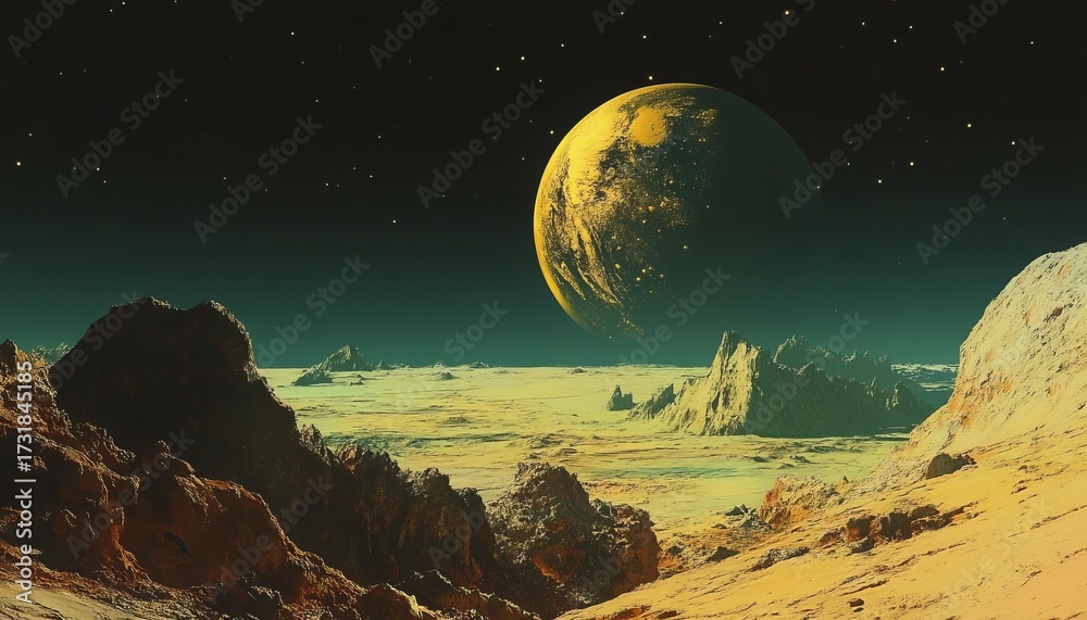 Naklejka premium Alien landscape with large, golden planet