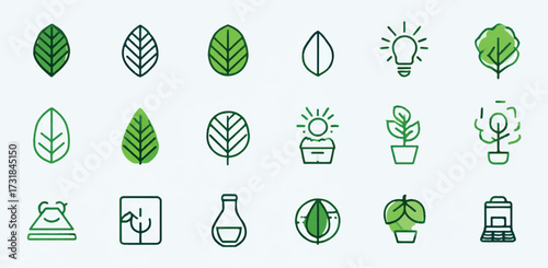 Ecological Icon Set with Leaves Plants and Lightbulb for Sustainable Designs and Environmental Initiatives