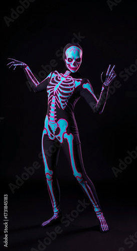 Person in a glowing neon skeleton costume for Halloween. Spooky and colorful full body suit with a skull mask. Holiday party concept isolated on a black background.