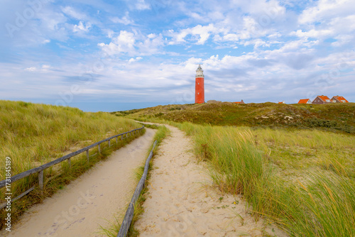 The Eierland Lighthouse on the northernmost top of the Dutch island of Texel, Red lighthouse tower on the sand dunes with european marram grass under blue sky, De Cocksdorp, North Holland, Netherlands