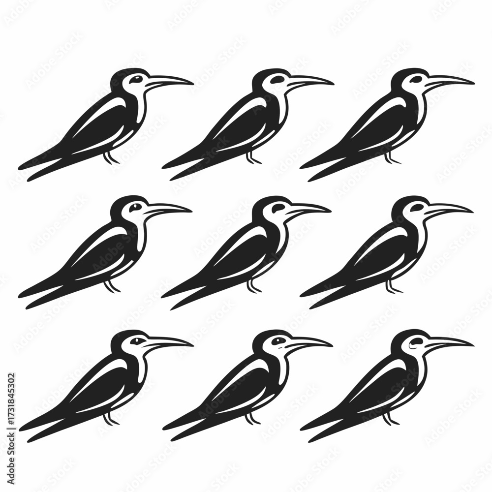 Fototapeta premium Nine terns, standing in a pattern, black and white vector illustration