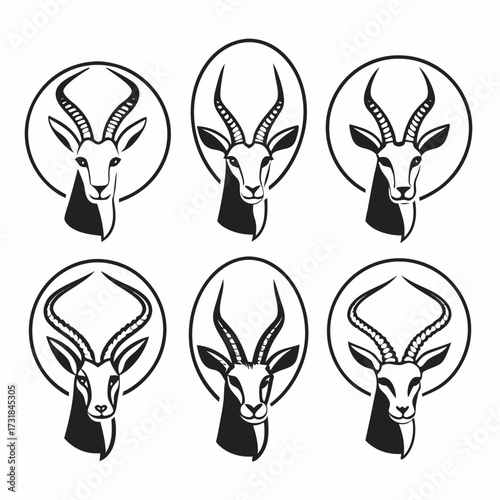 Six black and white line art illustration of gazelles, vector format