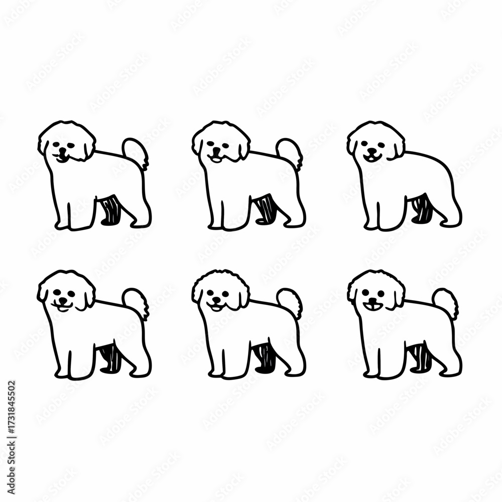 Naklejka premium Six bichon frise dog illustrations in black and white vector format
