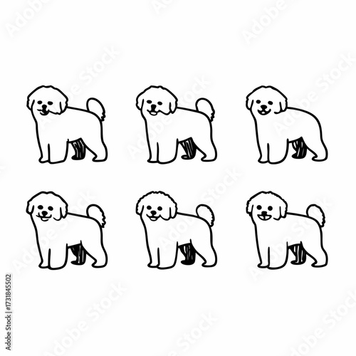 Six bichon frise dog illustrations in black and white vector format