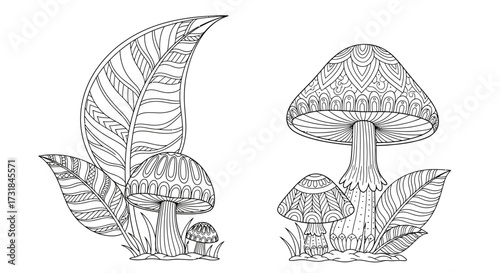 Zen Doodle Mushrooms and Leaves Whimsical Forest Adult Coloring Page Art