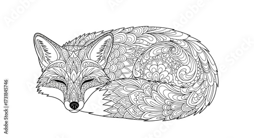 Whimsical Sleeping Fox with Zen Doodle Fur Adult Coloring Page