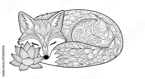 Zen Doodle Fur Whimsical Sleeping Fox Adult Coloring Art Therapy Page