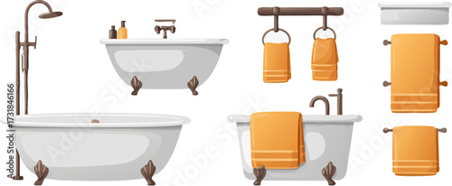 Bathroom elements set bathtubs towels shower vector illustration