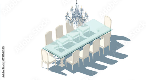 Elegant dining room interior with glass table chandelier and stylish chairs for luxury lifestyle