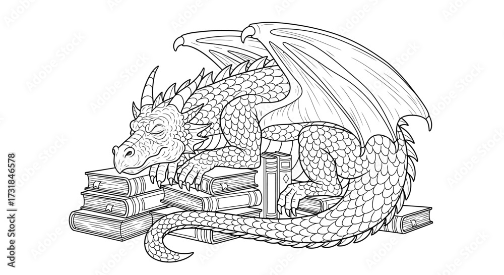 Naklejka premium Wise Dragon's Library Slumber Ancient Beast Adult Fantasy Coloring Page