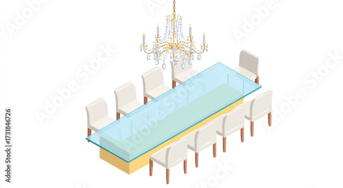 Elegant dining room with a long glass table chairs and a crystal chandelier illuminating the space