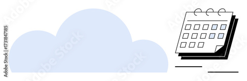 Cloud with a spiral-bound calendar represents online planning and scheduling. Ideal for productivity, time management, teamwork, event planning, remote work, app development, digital transformation