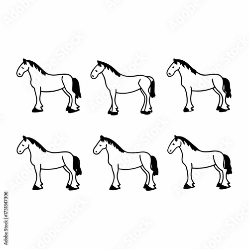 Six horse silhouettes for logo or design use in black and white