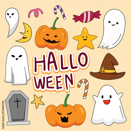 Halloween cartoon set for festival, party, sticker and illustration. Element of cute ghost, candy, pumpkin and moon