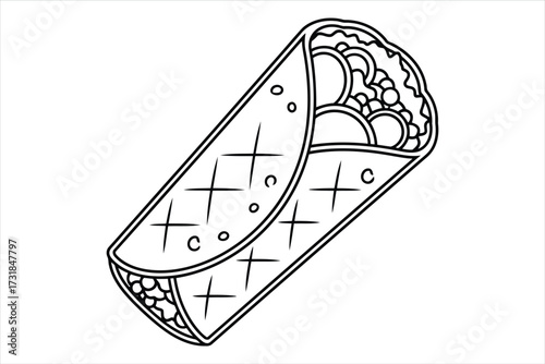 Vector art of a black and white line drawing of a burrito, showcasing its ingredients and wrapped tortilla, perfect for culinary illustrations
