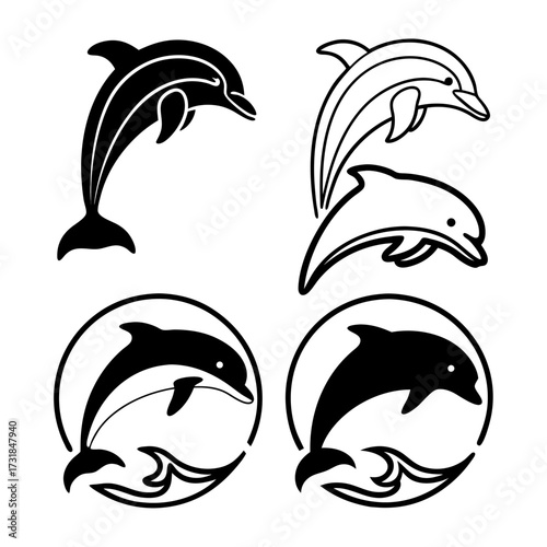 Collection of four dolphin illustrations in black and white style