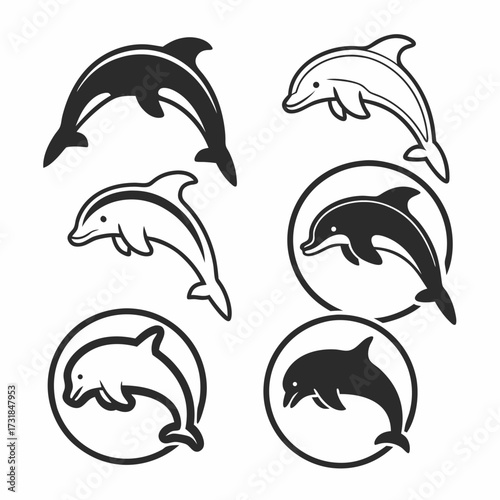 Collection of six dolphin illustrations in black and white style