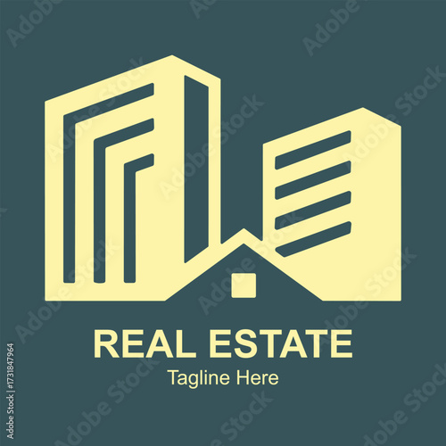 Illustration of a logo featuring two abstract buildings and a house silhouette, with the text reales tate below it, on a teal background