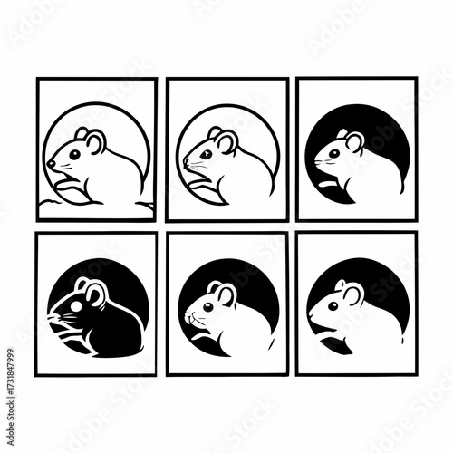 Collection of six mouse head icons in black and white rodent animal
