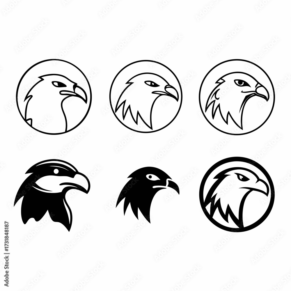 Fototapeta premium Collection of six eagle head vector illustrations in black and white