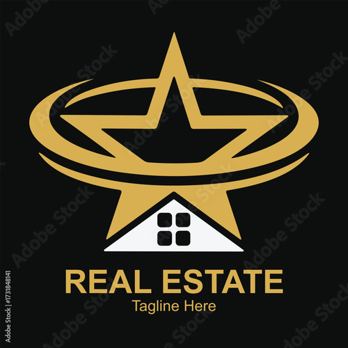Illustration of a golden star logo with a house silhouette and the text reales tate below it, on a