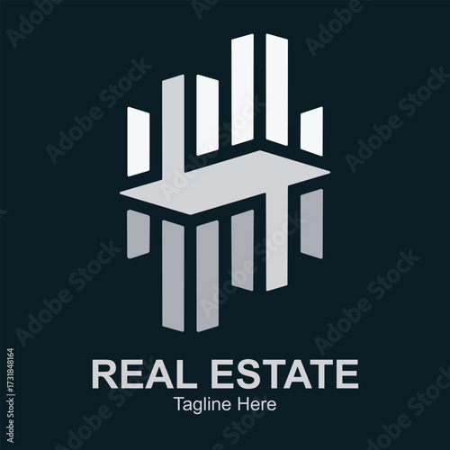 Illustration of a modern abstract logo resembling buildings or a structure, with the text reales tate below it, on a dark background