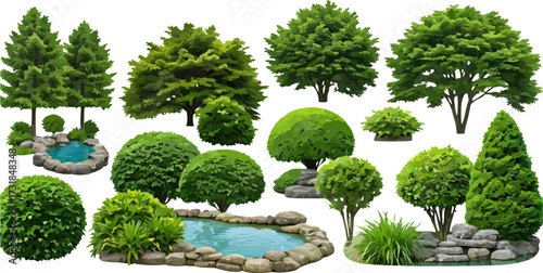 Collection of green trees and water elements on white background