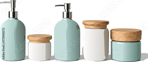 Cosmetic containers in a row with wooden lids clean look
