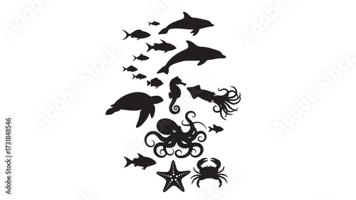Sea life silhouettes marine animals in black vector illustration perfect for nautical designs and ocean-themed projects