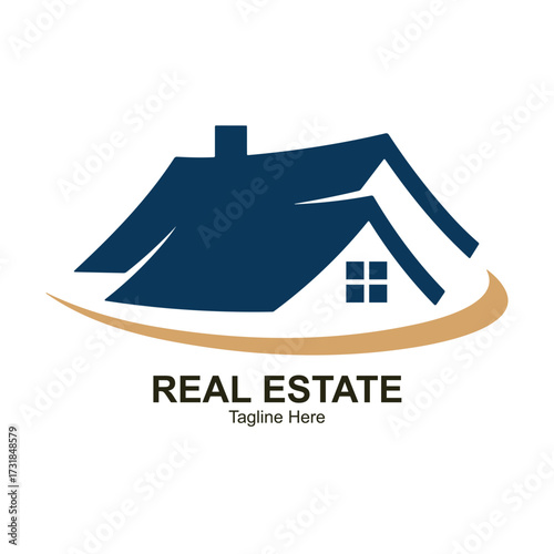 Illustration of abstract dark blue house shape with a golden swoosh, and the text reales tate and toptan hoca below