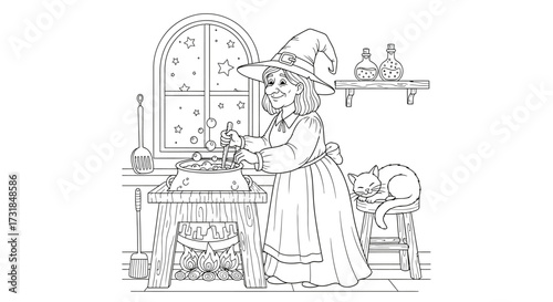 Benevolent Witch Brewing Potion in a Cozy Kitchen Adult Fantasy Coloring Sheet