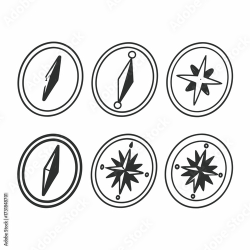 Collection of compasses in various styles, handdrawn, navigation, orientation