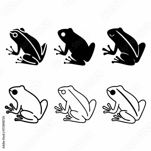 Six frog icons, showcasing diverse amphibian silhouettes and outlines