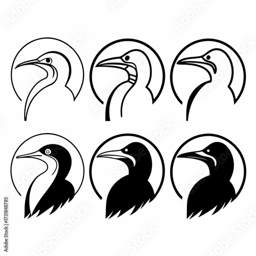 Collection of six booby bird icons, showcasing diverse designs