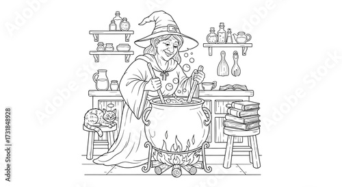 Cozy Kitchen Scene with a Benevolent Witch Brewing Potion Adult Fantasy Coloring Page